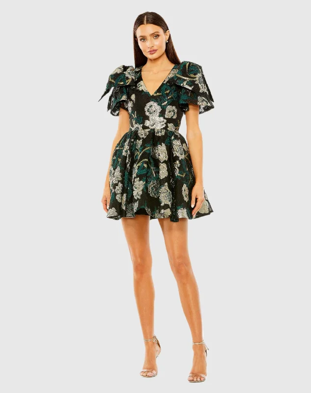 Bow Shoulder Brocade V-Neck Mini Dress with Pockets Fashionable Denim Mini Dress