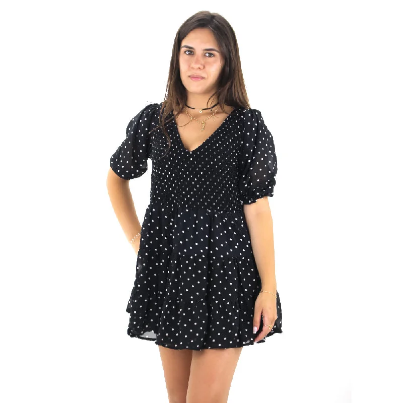 Women's Polka Dots Ruffle Mini Dress,Black Fashionable Pleated Mini Dress