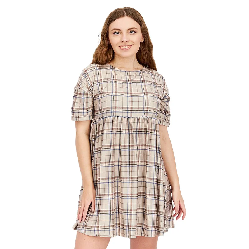 Women's Plaid Smock Mini Dress,Beige Fashionable Button-Front Mini Dress