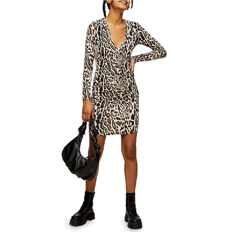 Women's Leopard Ruched Mini Dress,Multi Classic Black Mini Dress