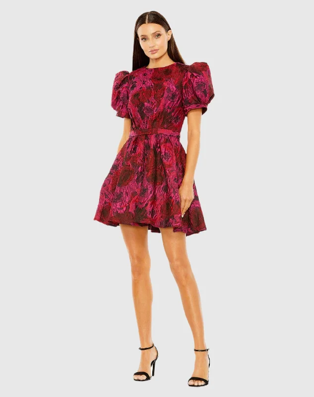 Puff Sleeve Brocade Mini Dress Fashionable Boho-Chic Mini Dress