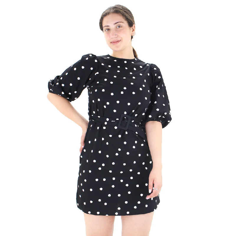 Women's Belted Polka Dots Mini Dress,Black Elegant Vintage Mini Dress