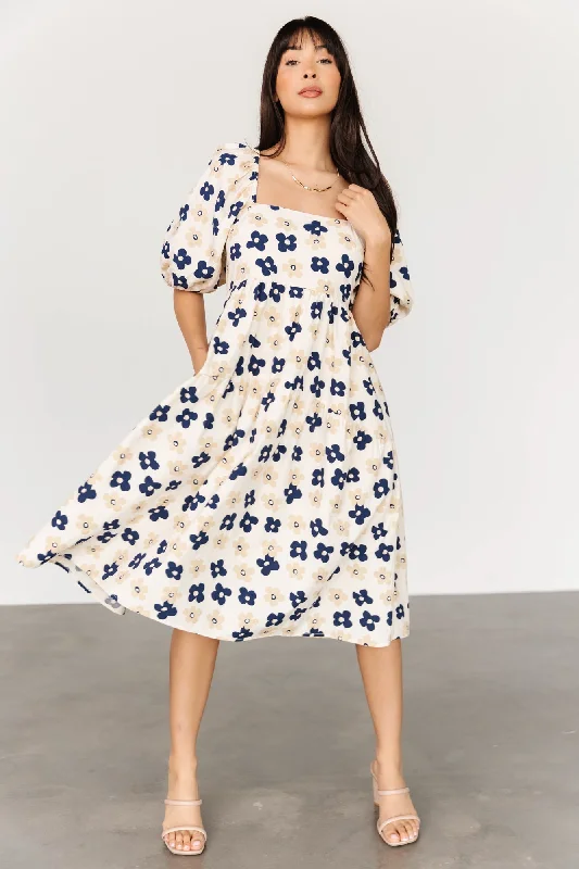 Aimee Puff Sleeve Midi Dress | Natural + Navy Fashionable Pleated Midi Dress