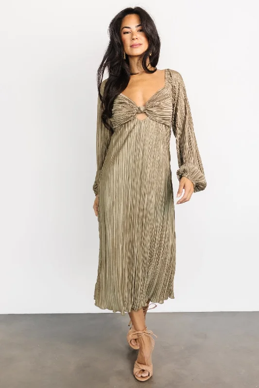 Amani Pleated Midi Dress | Olive Comfortable Ruched Midi Dress