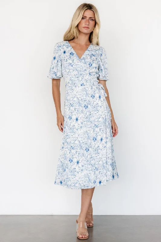 Amelie Wrap Midi Dress | Blue Print Comfortable Draped Midi Dress