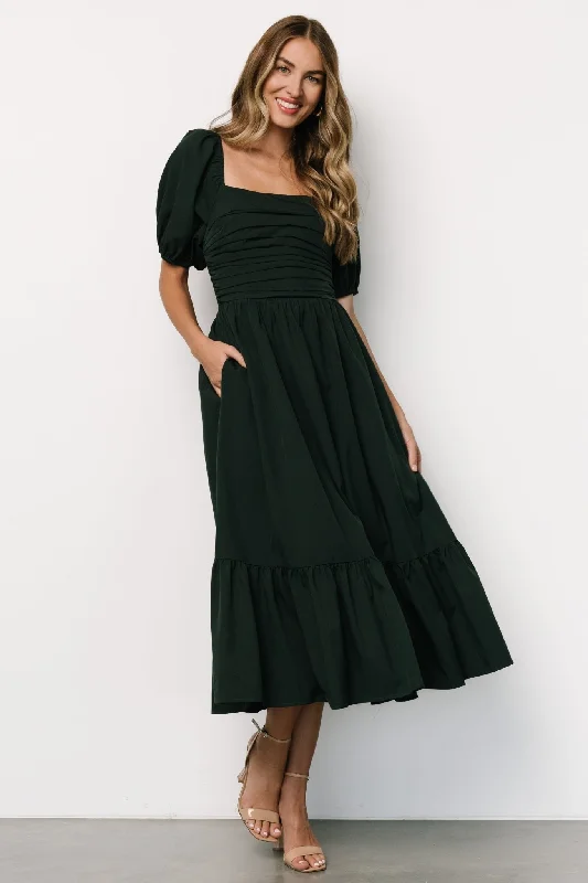 Andrea Pleated Midi Dress | Forest Green Elegant V-Neck Midi Dress