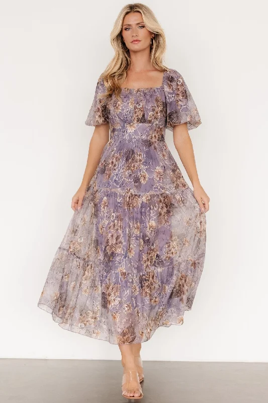 Annabeth Midi Dress | Lavender Floral Stylish High-Waisted Midi Dress