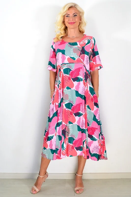 Aqua Pink Botanical Tunic Midi Dress Elegant Floral Skirt Midi Dress