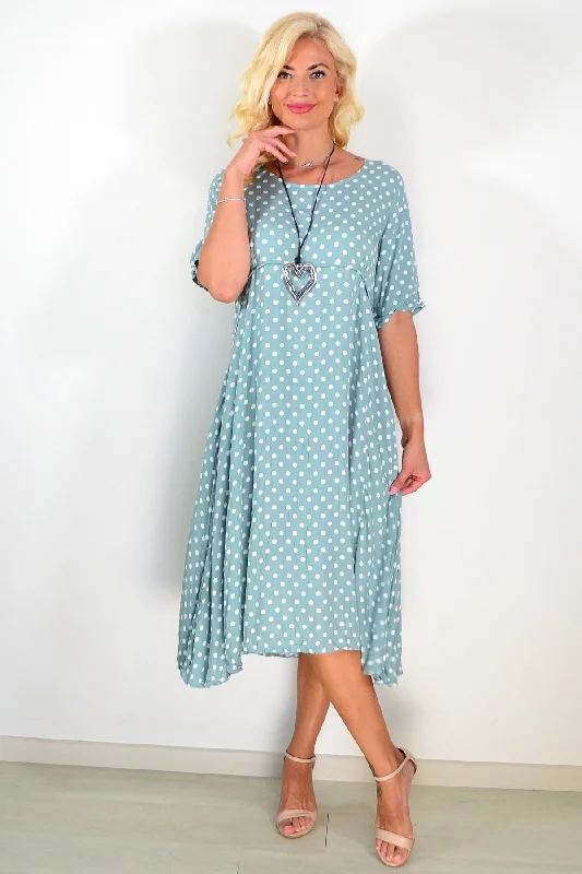 Aqua White Dots Tunic Midi Dress Comfortable Lace-Up Midi Dress