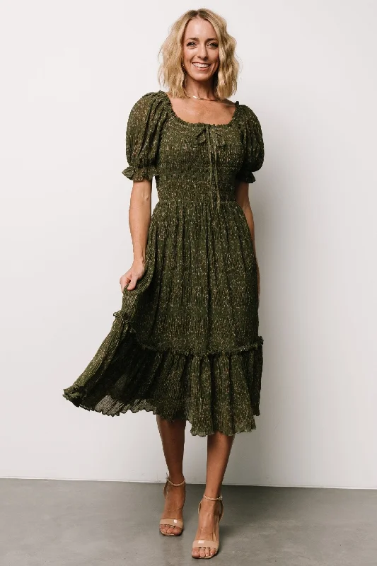 Beatrice Smocked Midi Dress | Olive Floral Stylish Vintage Midi Dress