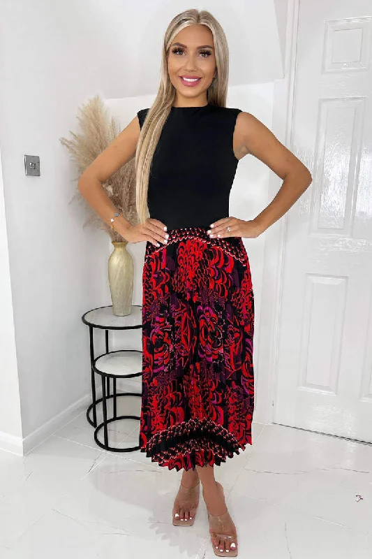 Black And Red Printed 2 in 1 Pleated Skirt Midi Dress Comfortable Wrap Midi Dress