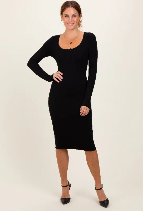 Black Bow Trim Neckline Long Sleeve Midi Dress Stylish Wraparound Midi Dress