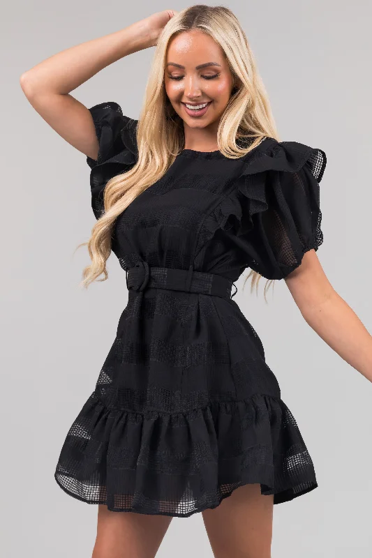 Black Ruffle Belted Waist Striped Mini Dress Comfortable Fit-and-Flare Mini Dress