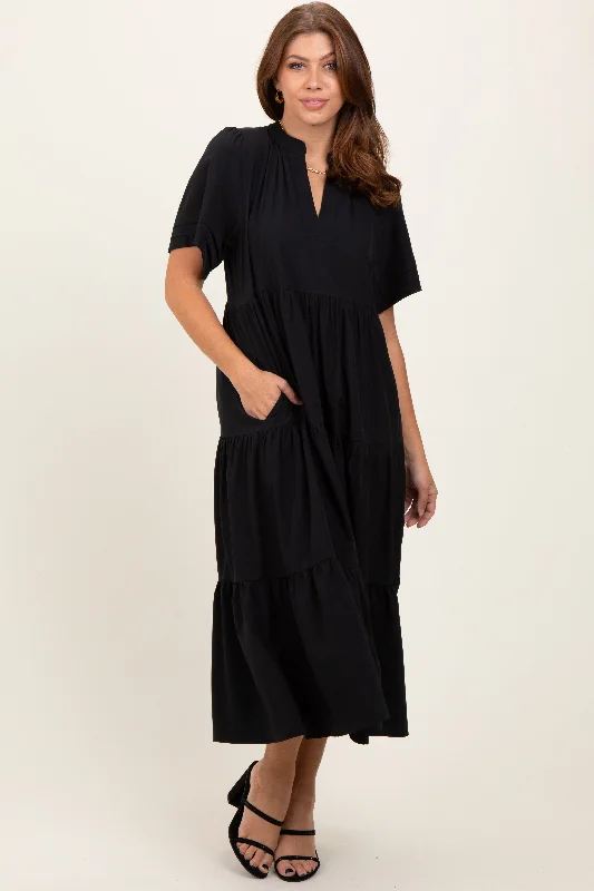 Black V-Neck Tiered Midi Dress Comfortable Knitwear Midi Dress