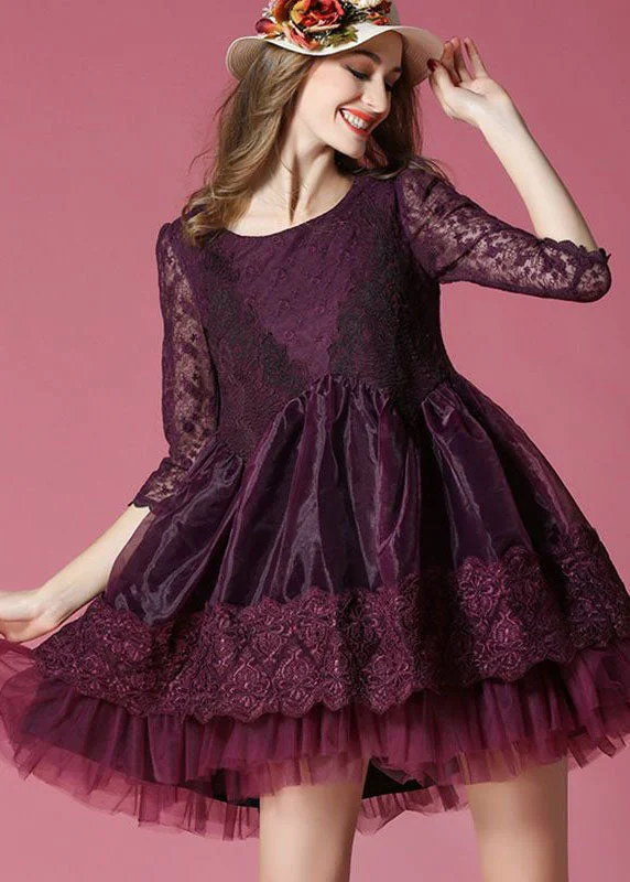 Boho Dark Purple Embroideried Lace Patchwork Organza Mini Dresses Summer Elegant Velvet Mini Dress