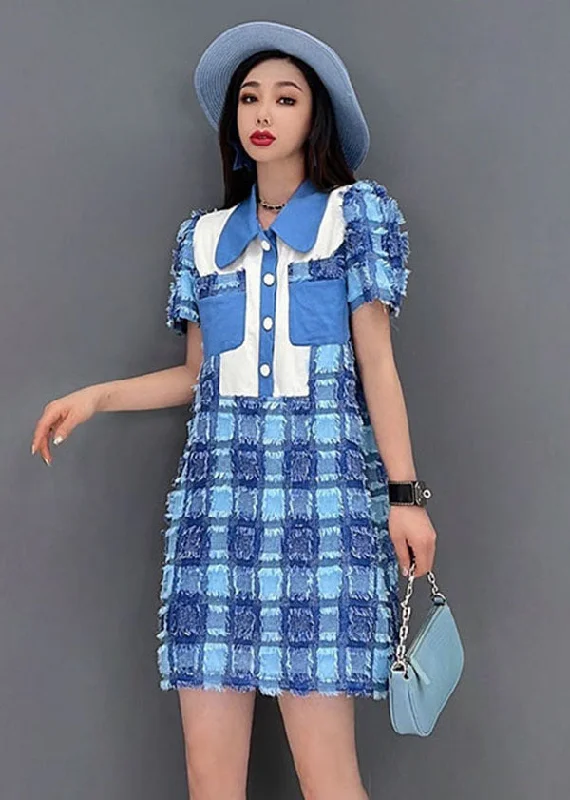 Boutique Blue Peter Pan Collar Button Plaid Cotton Mini Dresses Short Sleeve Stylish Spaghetti Strap Mini Dress