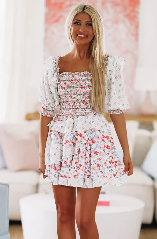 Bright Sunshine Day Mini Dress - White Floral Comfortable Casual Mini Dress