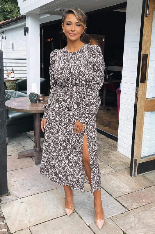 Brown Printed Long Sleeve Split Leg Midi Dress Comfortable Geometric Print Midi Dress