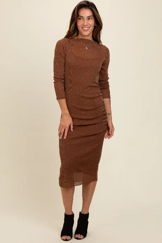 Brown Shimmer Mesh Long Sleeve Ruched Midi Dress Stylish High-Waisted Midi Dress