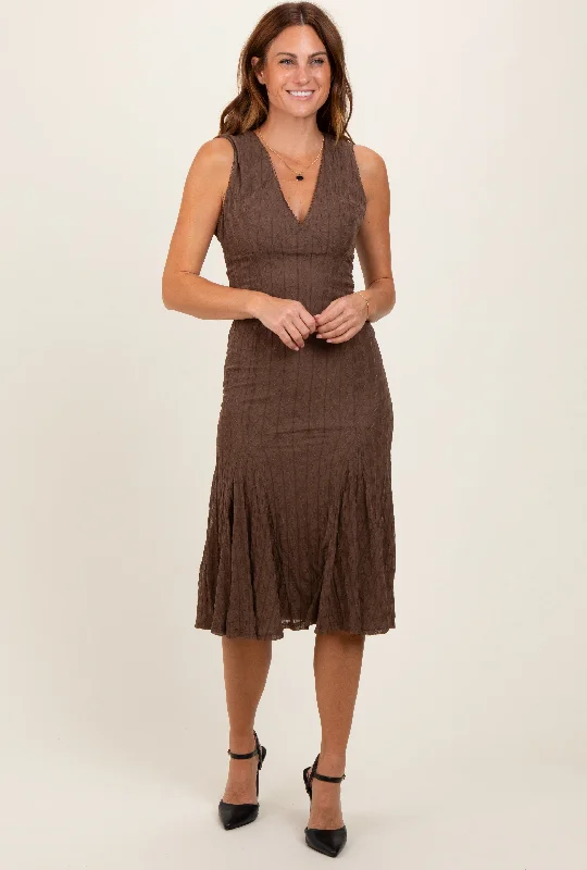 Brown Textured V-Neck Midi Dress Stylish Off-Shoulder Ruffle Dress