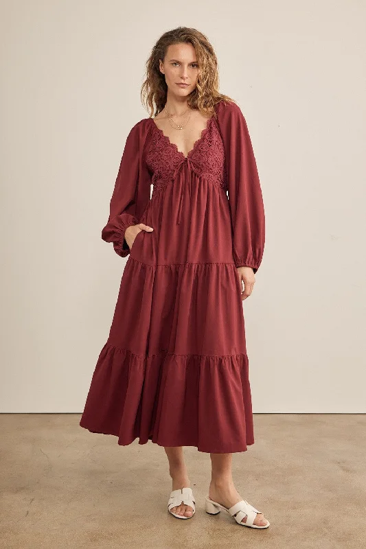 Burgundy Contrast Lace Bodice Tiered Midi Dress Stylish Satin Midi Dress