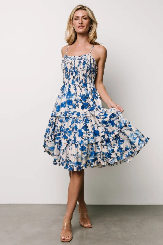 Calina Midi Dress | Ivory + Blue Floral Trendy Midi Dress with Belt