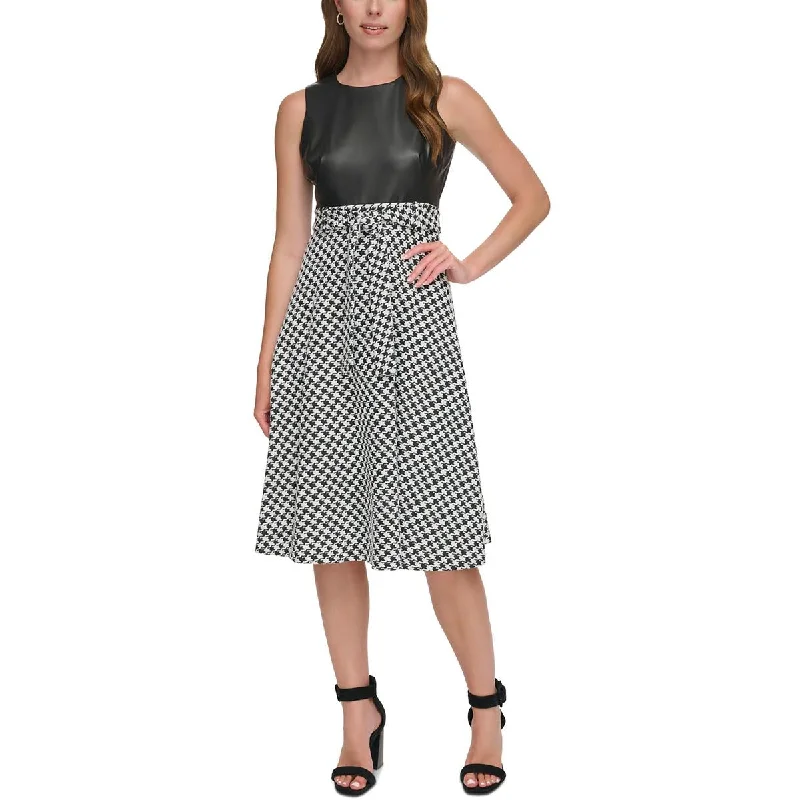 Calvin Klein Womens Petites Faux Leather Houndstooth Midi Dress Fashionable Skater Midi Dress