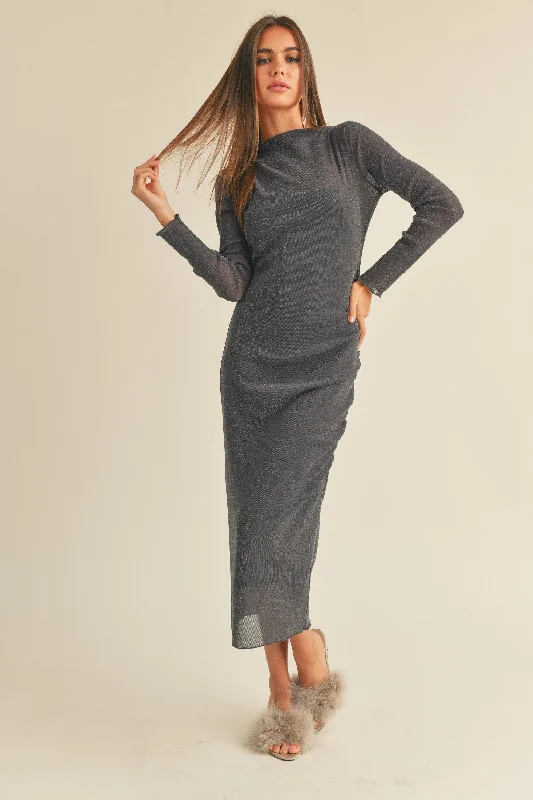 Charcoal Shimmer Mesh Long Sleeve Ruched  Midi Dress Trendy Ruffled Sleeve Midi Dress