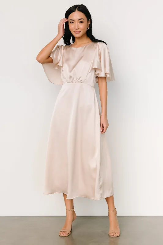 Cinta Satin Midi Dress | Champagne Trendy Ruched Side Midi Dress