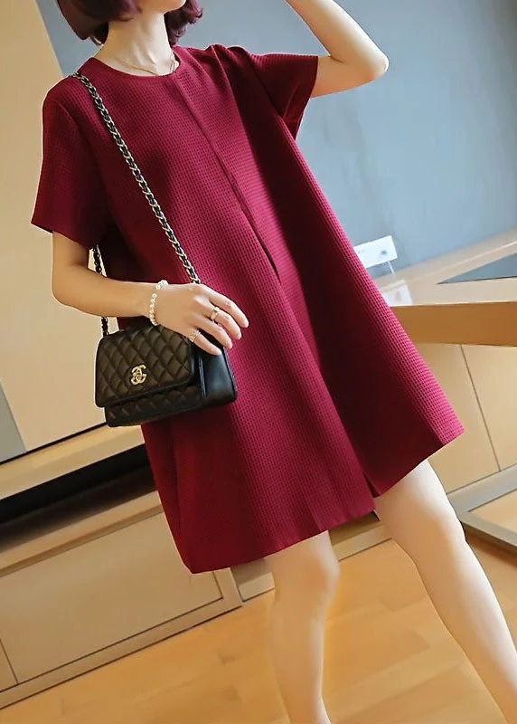 Classy Mulberry O-Neck Wrinkled Cotton Mini Dress Summer Cozy Wraparound Mini Dress