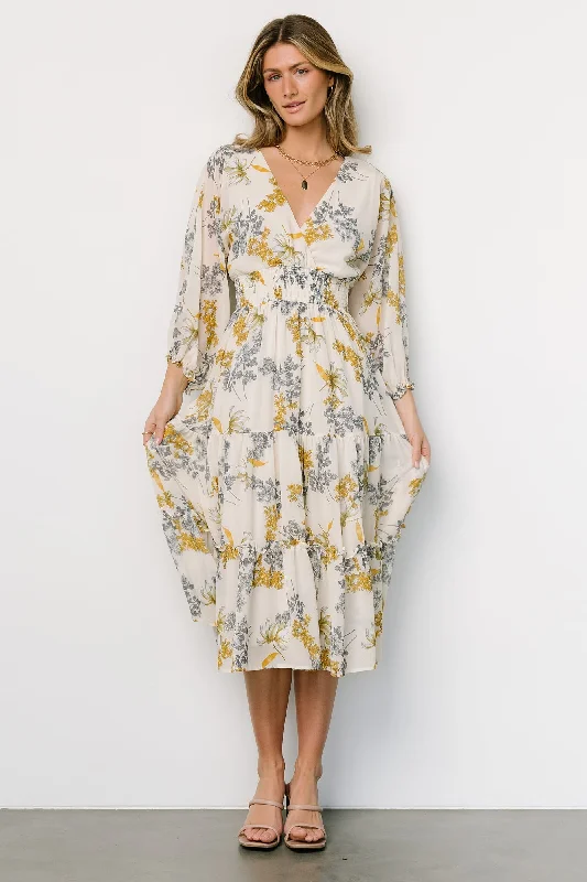 Coventry Tiered Midi Dress | Cream Floral Comfortable Stretch Midi Dress