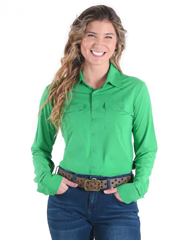 Cowgirl Tuff Womens Cooling UPF Button Up Money Green Nylon L/S Shirt Elegant Button-Down Short Shirt