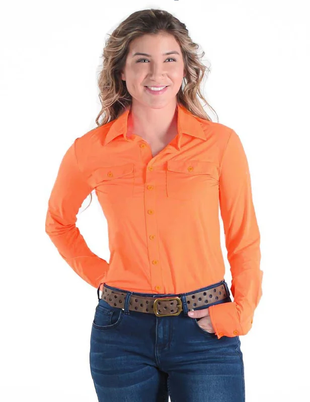 Cowgirl Tuff Womens Cooling UPF Button Up Tangerine Nylon L/S Shirt Stylish Striped Short Sleeve