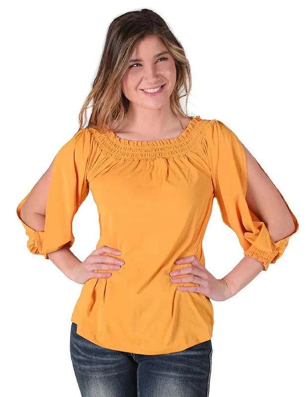 Cowgirl Tuff Womens Flowy Cooling UPF Gold Nylon L/S Shirt Elegant Draped Short Sleeve