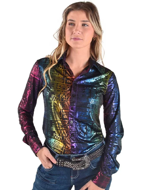 Cowgirl Tuff Womens Mid-Weight Foil Multi-Color Polyester L/S Shirt Elegant High-Low Short Shirt