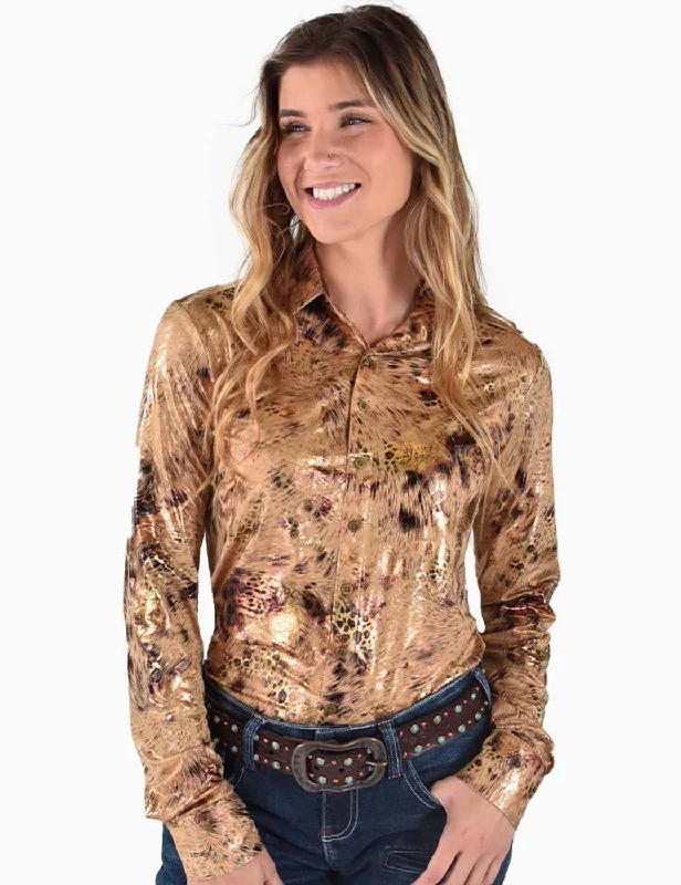 Cowgirl Tuff Womens Mid-Weight Leopard Tan Polyester L/S Shirt Casual Ruffle Short Shirt