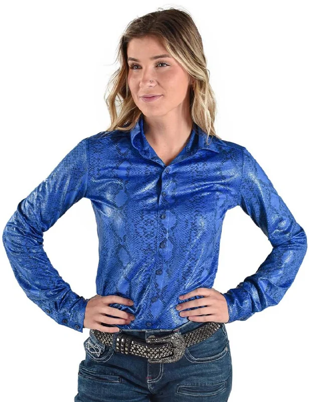 Cowgirl Tuff Womens Mid-Weight Snake Blue Polyester L/S Shirt Relaxed Fit Short Blouse