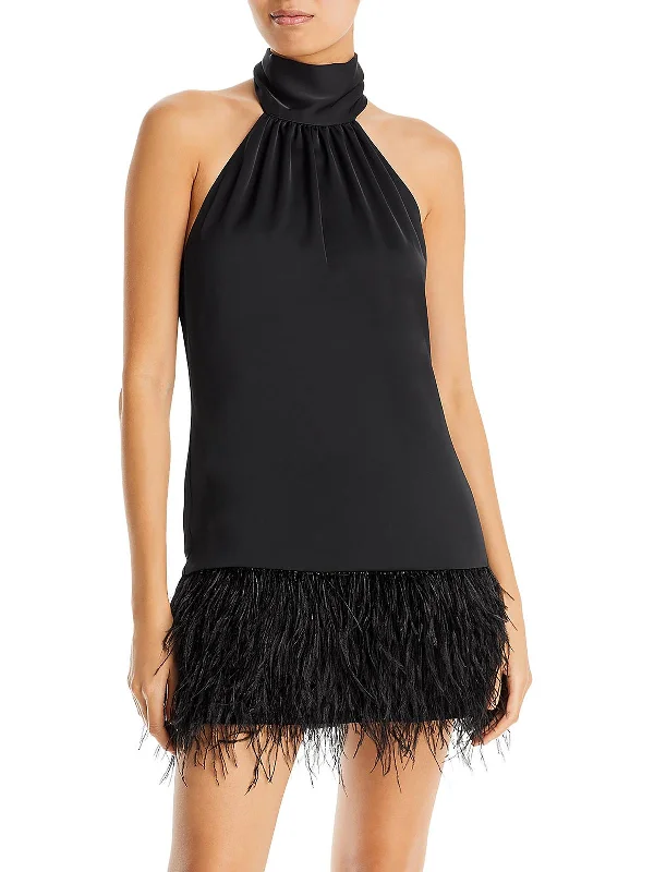 Danni Womens Halter Faux Feather Trim Mini Dress Comfortable Shift Mini Dress