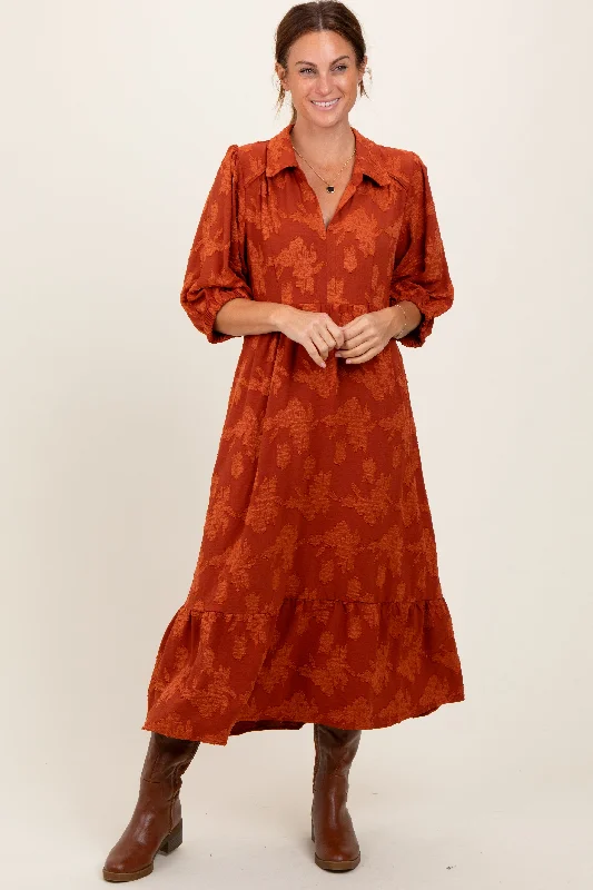 Dark Orange Floral Applique Collared Midi Dress Trendy Off-Shoulder Ruffle Midi Dress