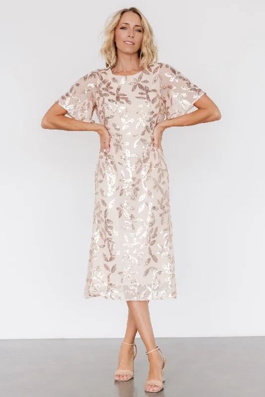 Deanna Sequin Midi Dress | Rose Gold Comfortable Casual Midi Dress