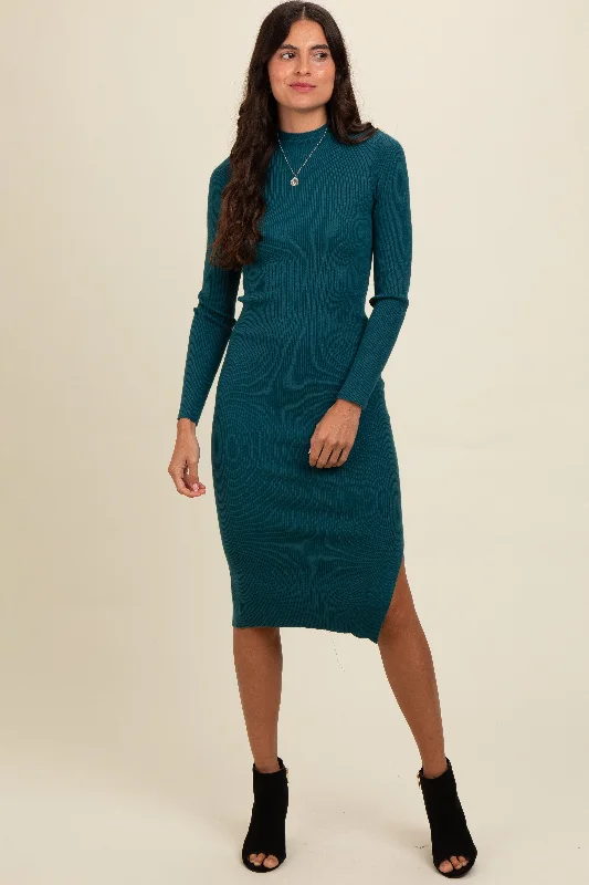 Deep Teal Ribbed Fitted Mock Neck Long Sleeve Midi Dress Comfortable Stretch Midi Dress