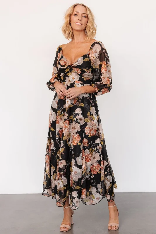 Etta Midi Dress | Black + Peach Floral Fashionable High-Neck Midi Dress