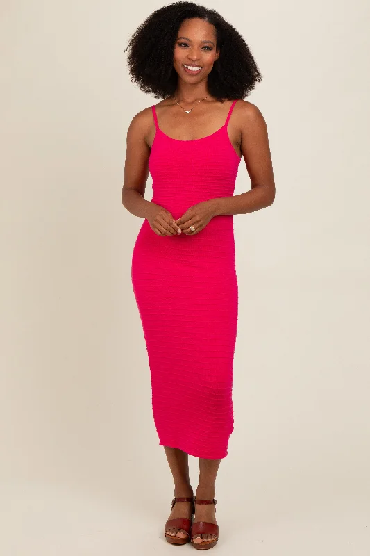 Fuchsia Fitted Spaghetti Strap Midi Dress Stylish Midi Dress with Cuffs