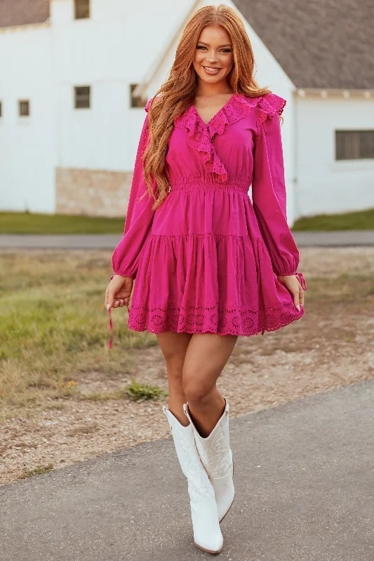 Fuchsia Long Sleeve Eyelet Detail Mini Dress Trendy Tie-Dye Mini Dress