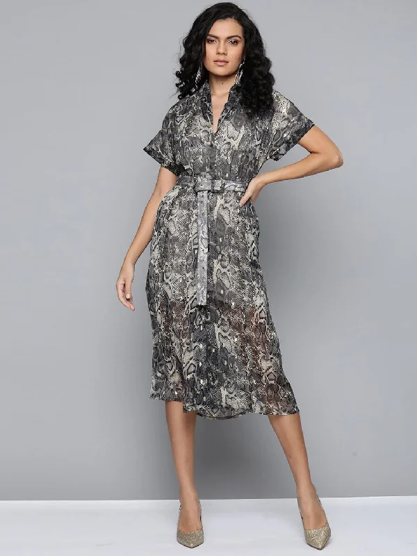 Grey Animal Lurex Print Front Open Midi Dress Elegant Pleated Detail Midi Dress