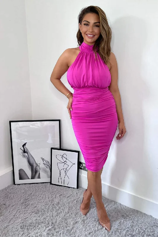 Hot Pink Ruched High Neck Midi Dress Cozy Spaghetti Strap Midi Dress