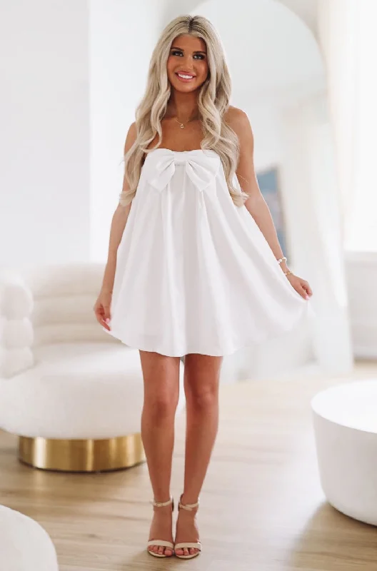 I Said Yes Bow Mini Dress - White Trendy A-Line Mini Dress