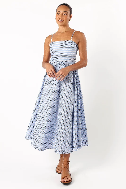 Jett Midi Dress - Blue Stripe Trendy Smocked Detail Midi Dress