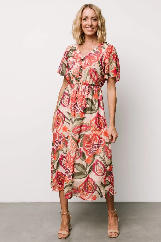 Junie Midi Dress | Multi Print Trendy Ruffled Sleeve Midi Dress