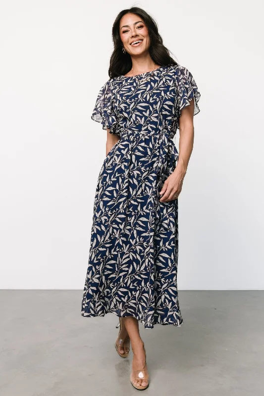 Laurel Midi Dress | Blue + Gray Floral Stylish Wraparound Midi Dress